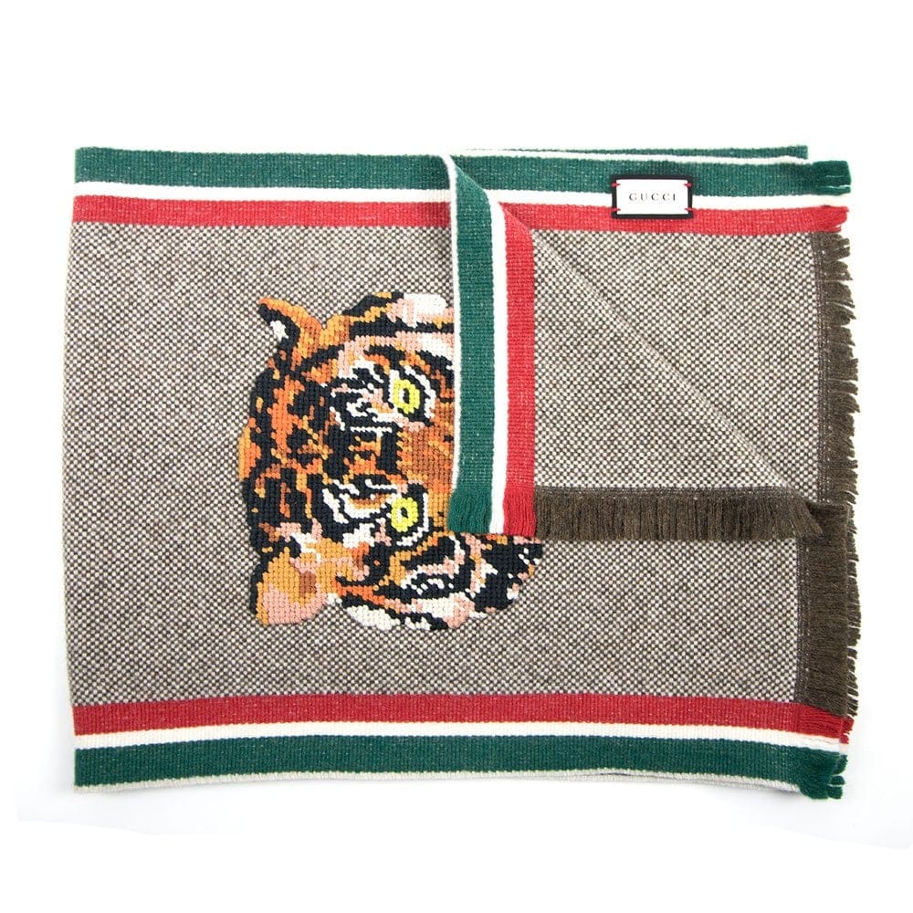 Gucci Tiger Embroidered Scarf Beige/Light Brown