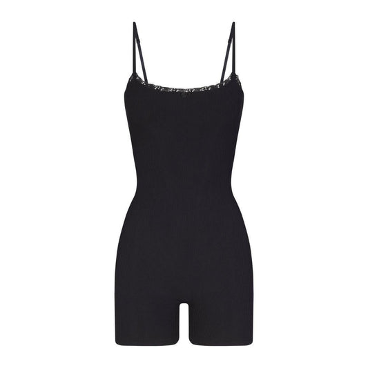 SKIMS SOFT LOUNGE LACE SCOOP ONESIE ONYX