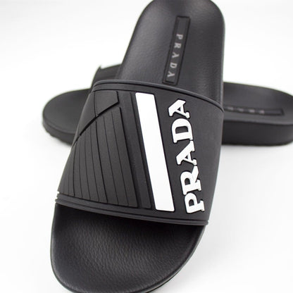 Prada Logo-Embossed Rubber Sliders Black/White/Grey