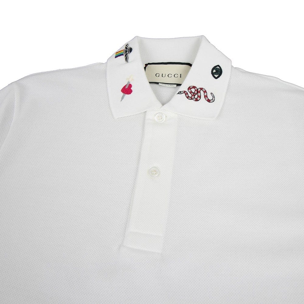 Gucci Embroidered Collar Polo Shirt White