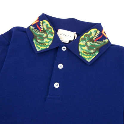 Gucci Junior Embroidered Dinosaur Collar Polo Shirt Blue 4622