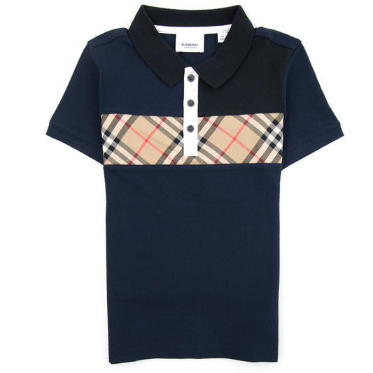 Burberry Children Jeff Panelled Check Cotton Polo Shirt Navy