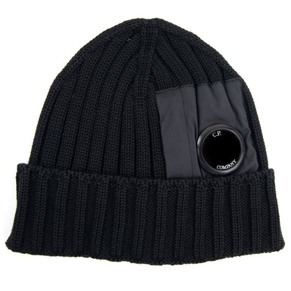CP Company Extra Fine Merino Wool Nylon Lens Beanie Black 999
