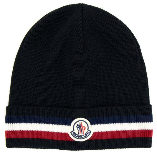 Moncler Tricolour Logo Beanie Hat Black
