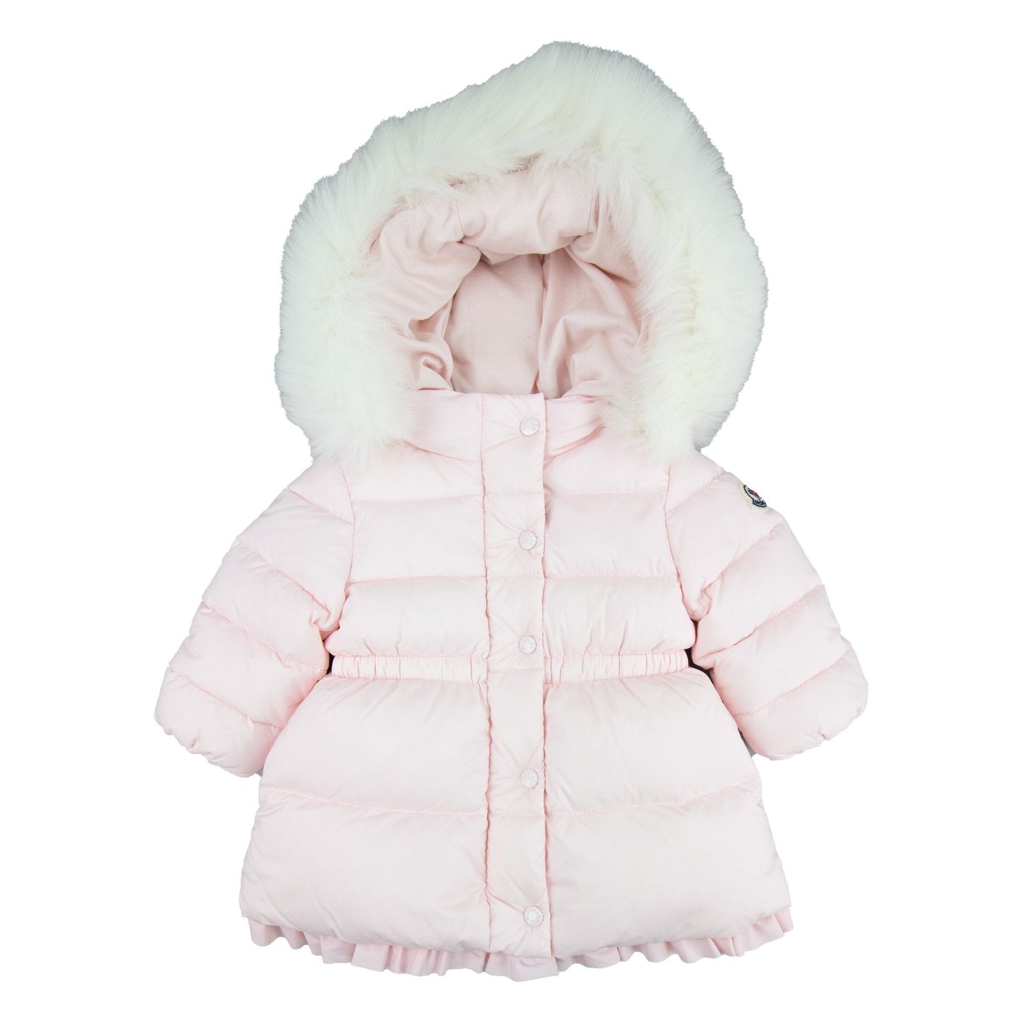 Moncler Junior Kithera Fur Hooded Longline Puffa Jacket Pink 503