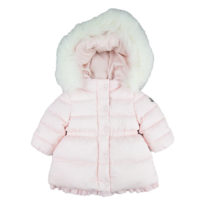Moncler Junior Kithera Fur Hooded Longline Puffa Jacket Pink 503