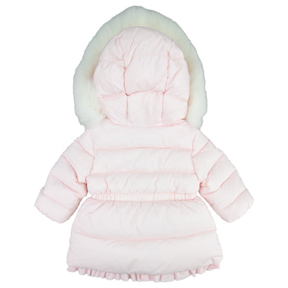 Moncler Junior Kithera Fur Hooded Longline Puffa Jacket Pink 503