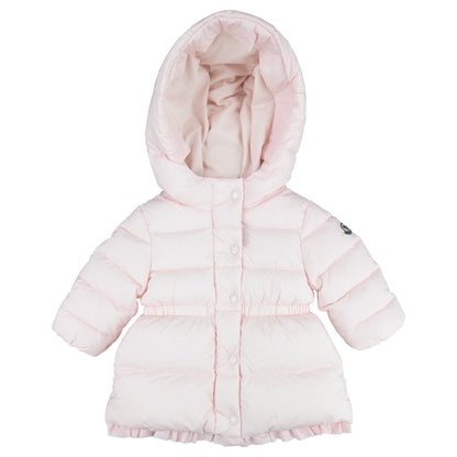 Moncler Junior Kithera Fur Hooded Longline Puffa Jacket Pink 503
