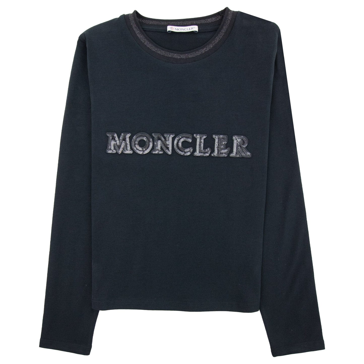 Moncler Junior Sequin Logo Long Sleeve T Shirt Black 999