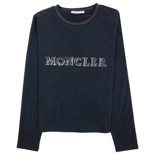 Moncler Junior Sequin Logo Long Sleeve T Shirt Black 999