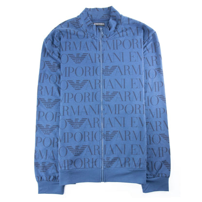 Emporio Armani All Over Logo Print Funnel Neck Blue