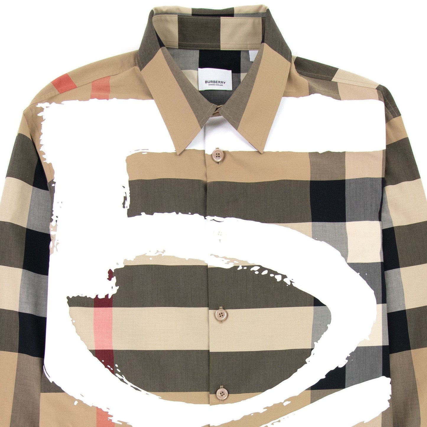 Burberry Love Print Check Stretch Cotton Oversized Shirt Archive Beige