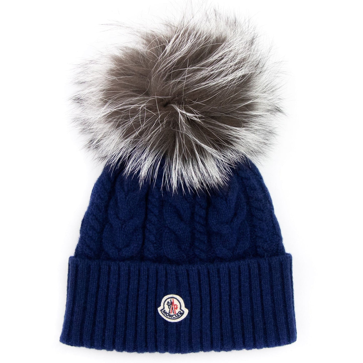 Moncler Cable Knit Pom Pom Beanie Blue