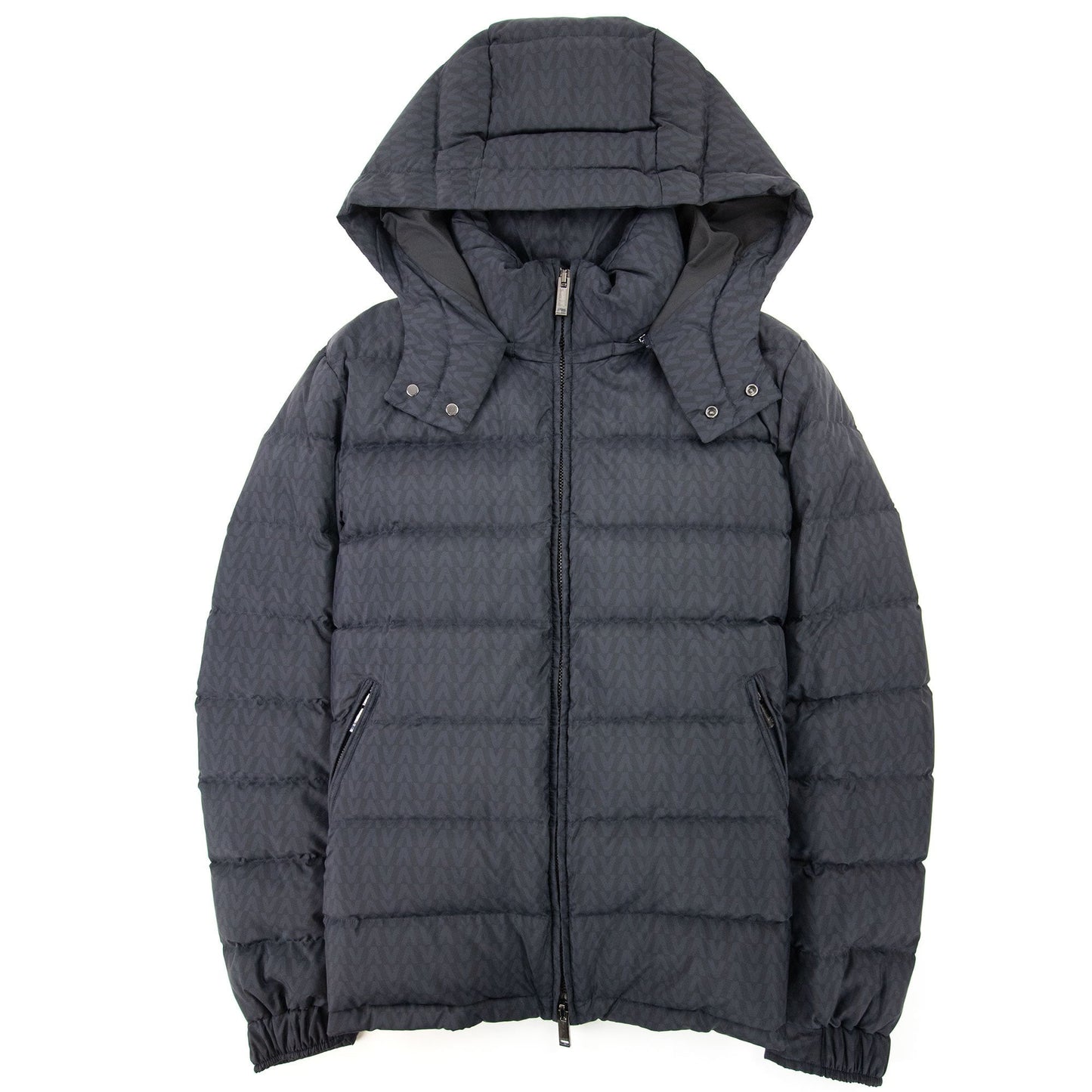 Valentino All Over Optical Valentino Print Hooded Nylon Down Navy