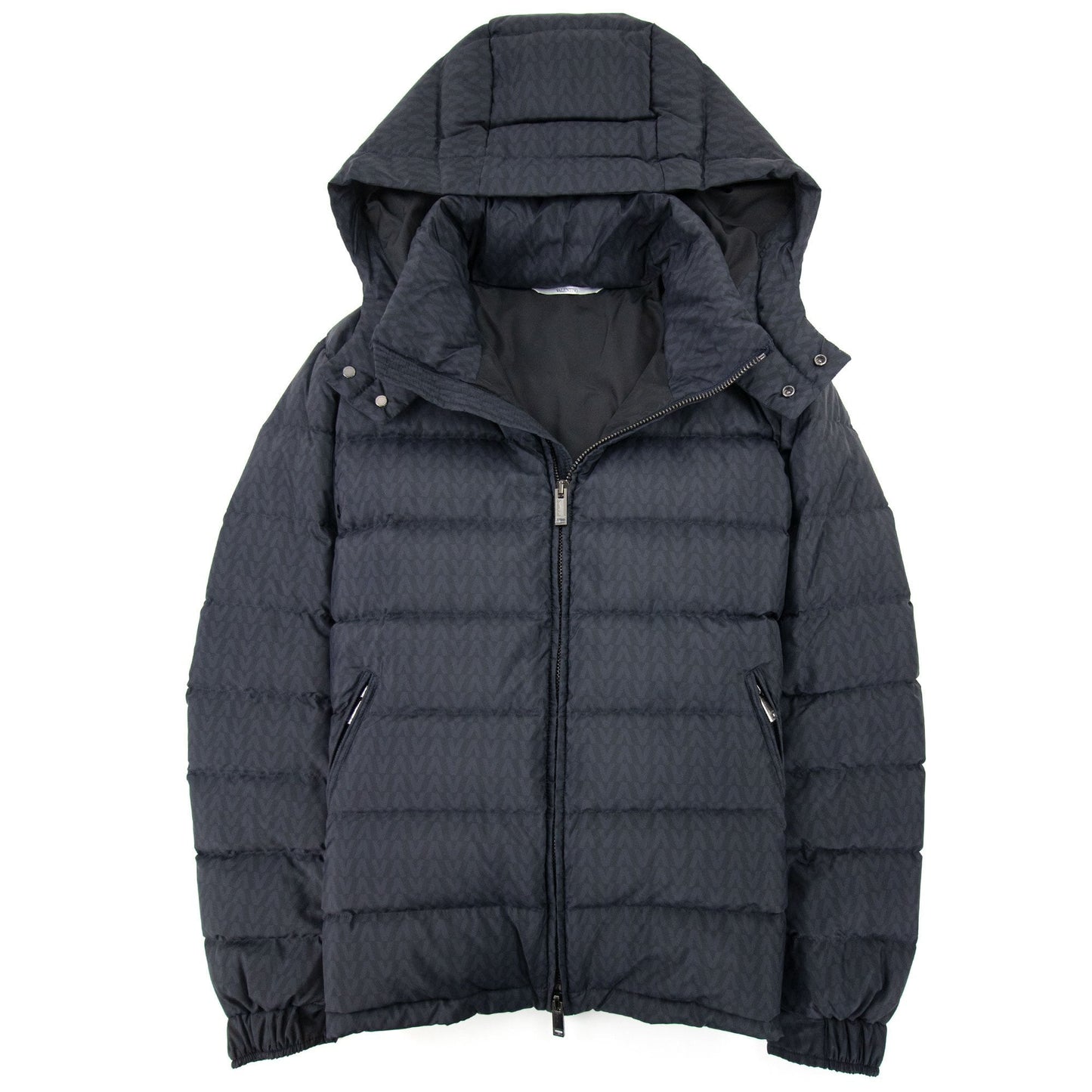 Valentino All Over Optical Valentino Print Hooded Nylon Down Navy