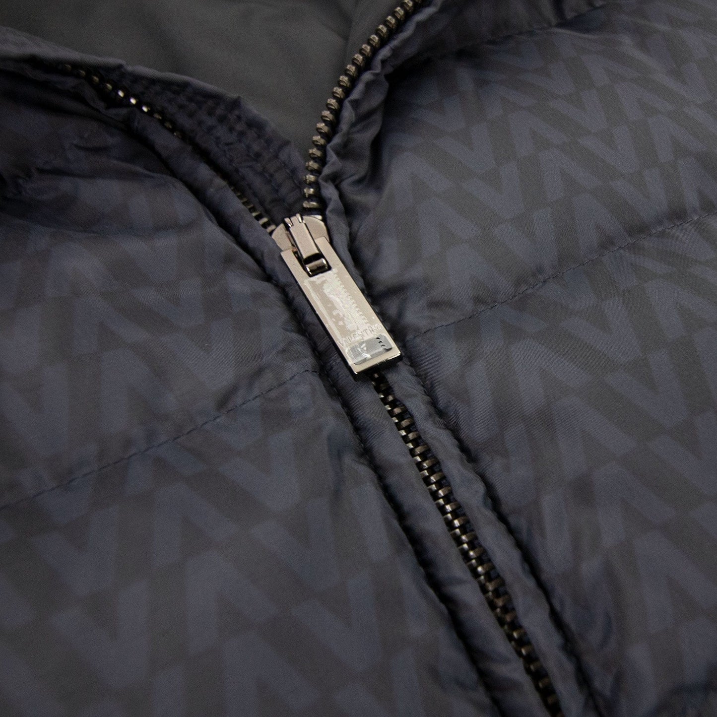 Valentino All Over Optical Valentino Print Hooded Nylon Down Navy