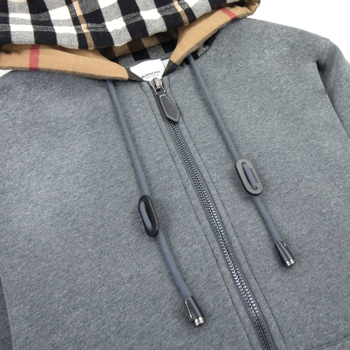 Burberry Check Hood Cotton Blend Hooded Top Dark Grey Melange