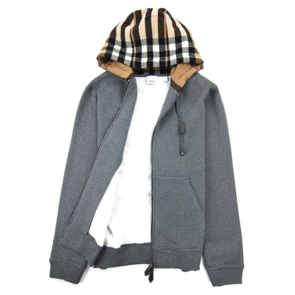 Burberry Check Hood Cotton Blend Hooded Top Dark Grey Melange