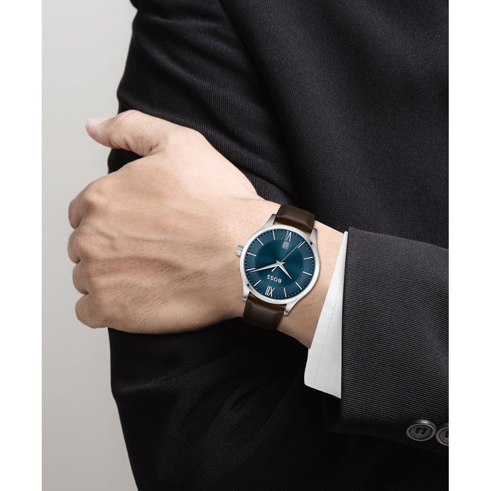 Hugo Boss Elite Leather Strap Watch Brown