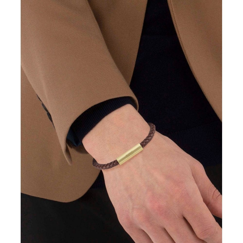 Hugo Boss Braided Leather Bracelet Dark Brown