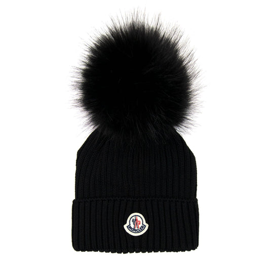 Moncler Junior Berretto Pom Pom Wool Hat Black 999