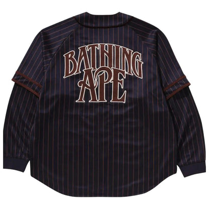 BAPE STRIPED LAYERED LONGSLEEVE BASEBALL SHIRT NAVY