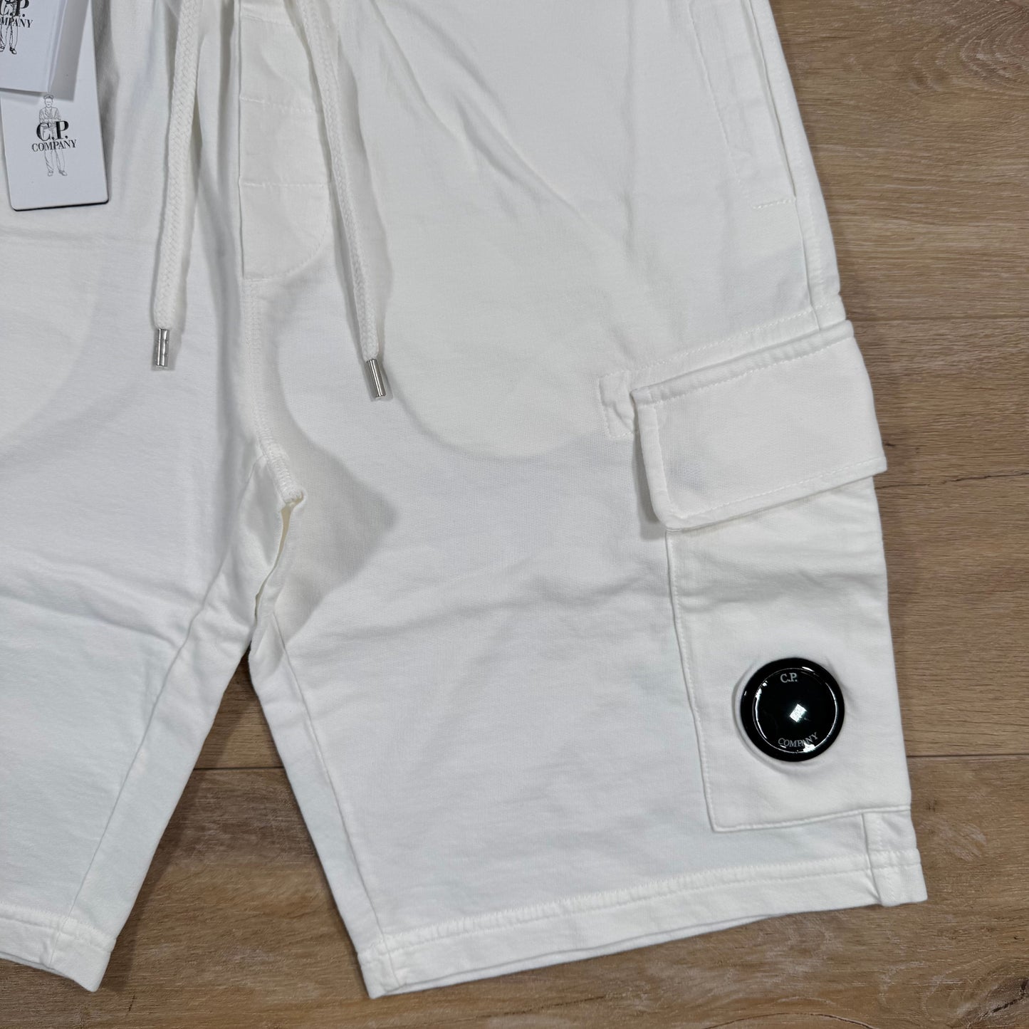 C.P. Company Light Fleece Cargo Lens Shorts in Gauze White