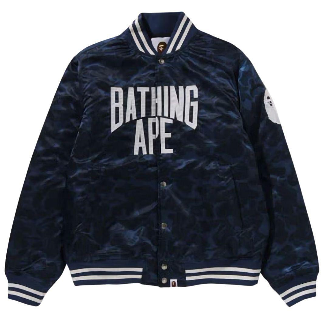 BAPE SOLID CAMO NYC LOGO VARSITY BOMBER NAVY