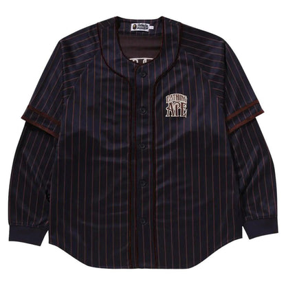 BAPE STRIPED LAYERED LONGSLEEVE BASEBALL SHIRT NAVY