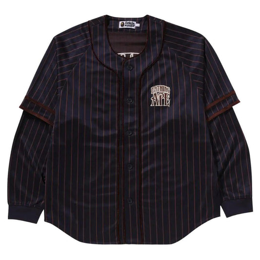 BAPE STRIPED LAYERED LONGSLEEVE BASEBALL SHIRT NAVY
