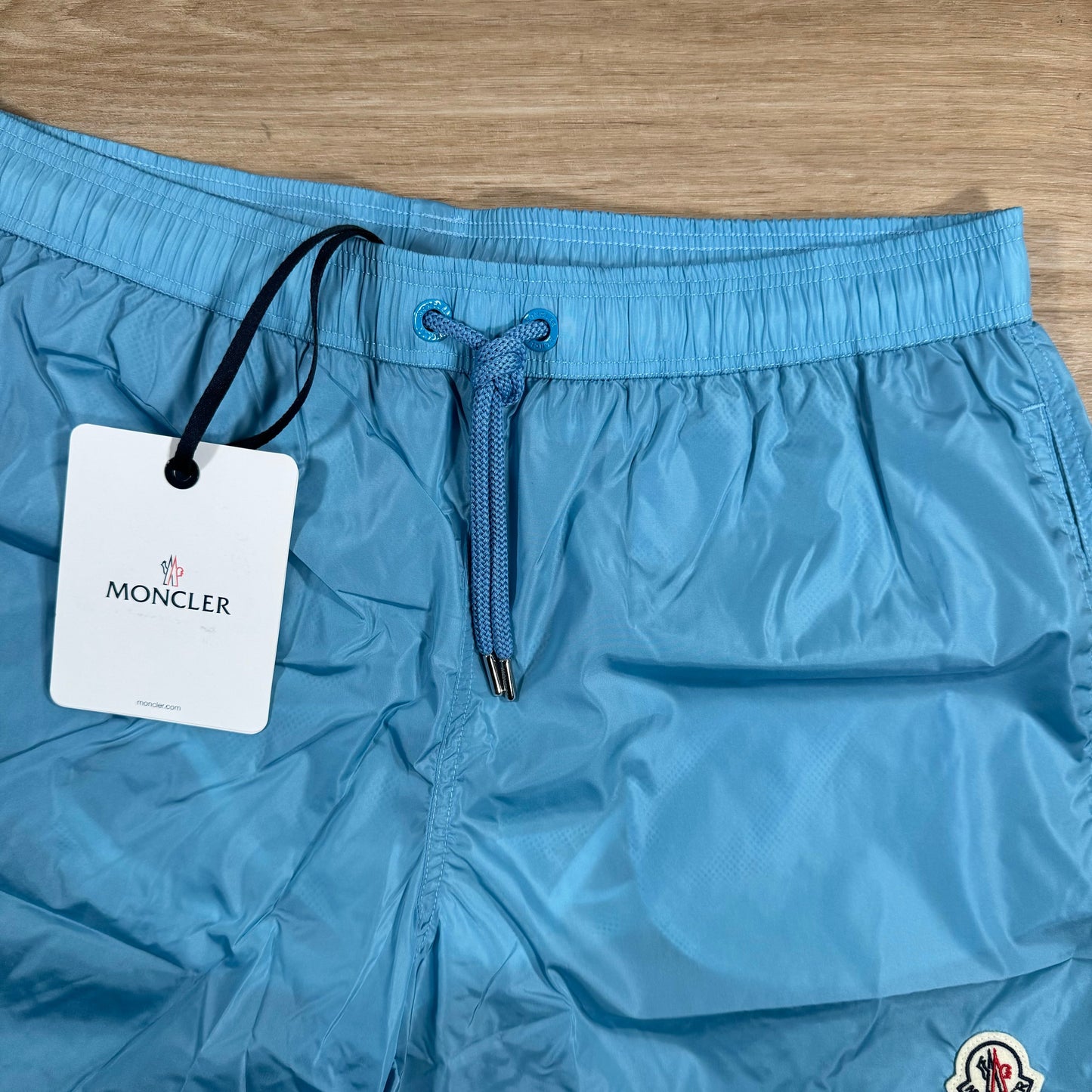 Moncler Logo Patch Swim Shorts in Sky Blue