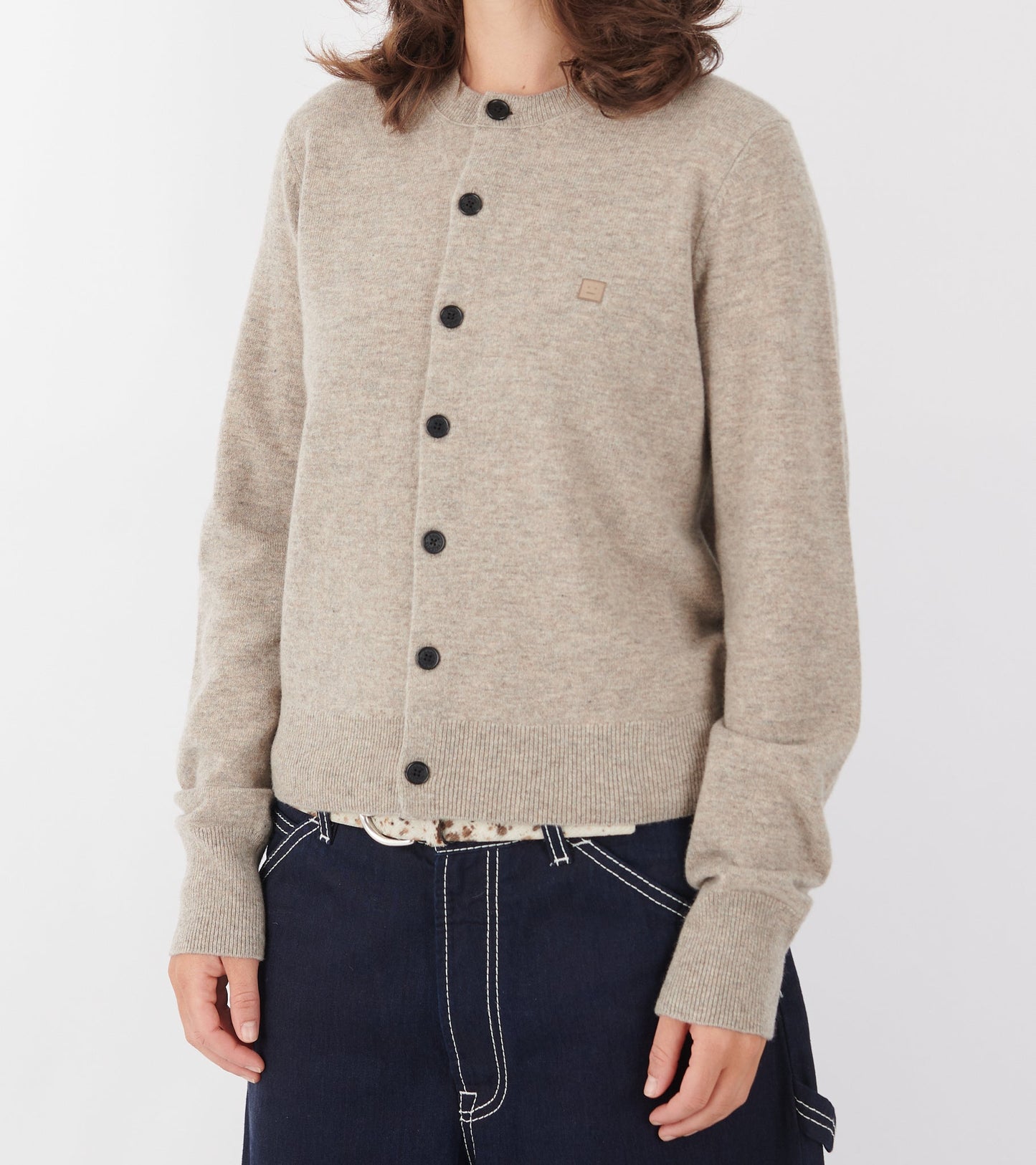Face Logo Wool Cardigan Greige Melange