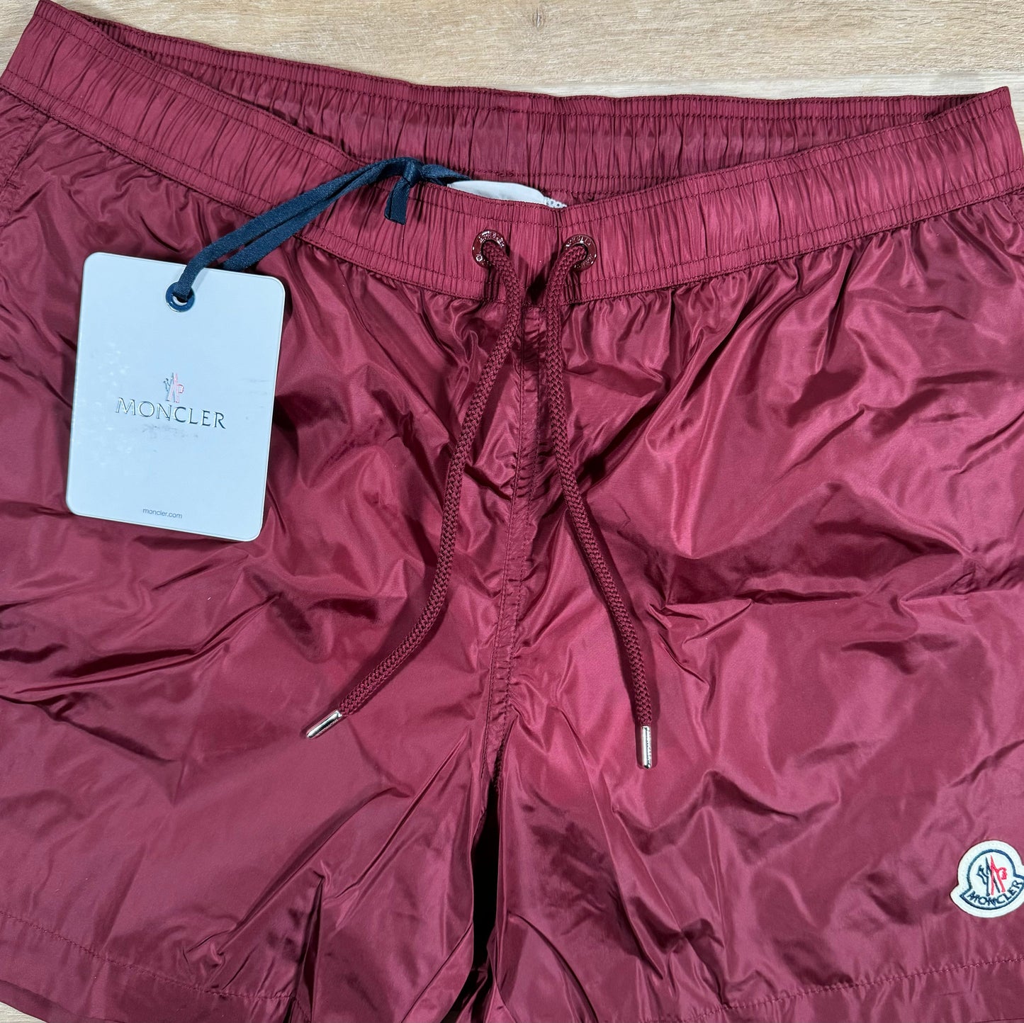 Moncler Logo Patch Swim Shorts in Burgundy