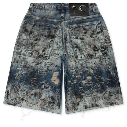 Hard Washed Destroyed Denim Shorts - Blue