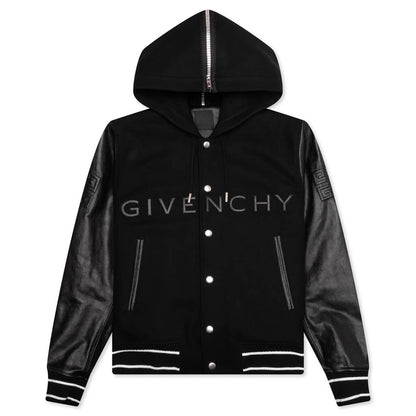 Hooded Varsity Jacket in Wool and Leather - Black
