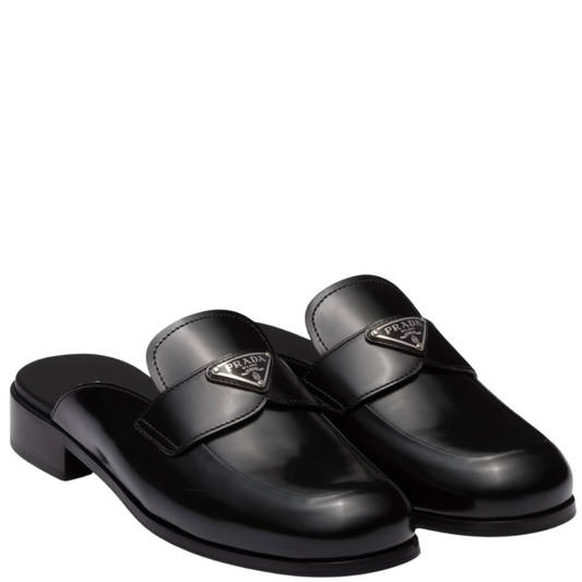 Womens Prada Triangle Logo Leather Mules