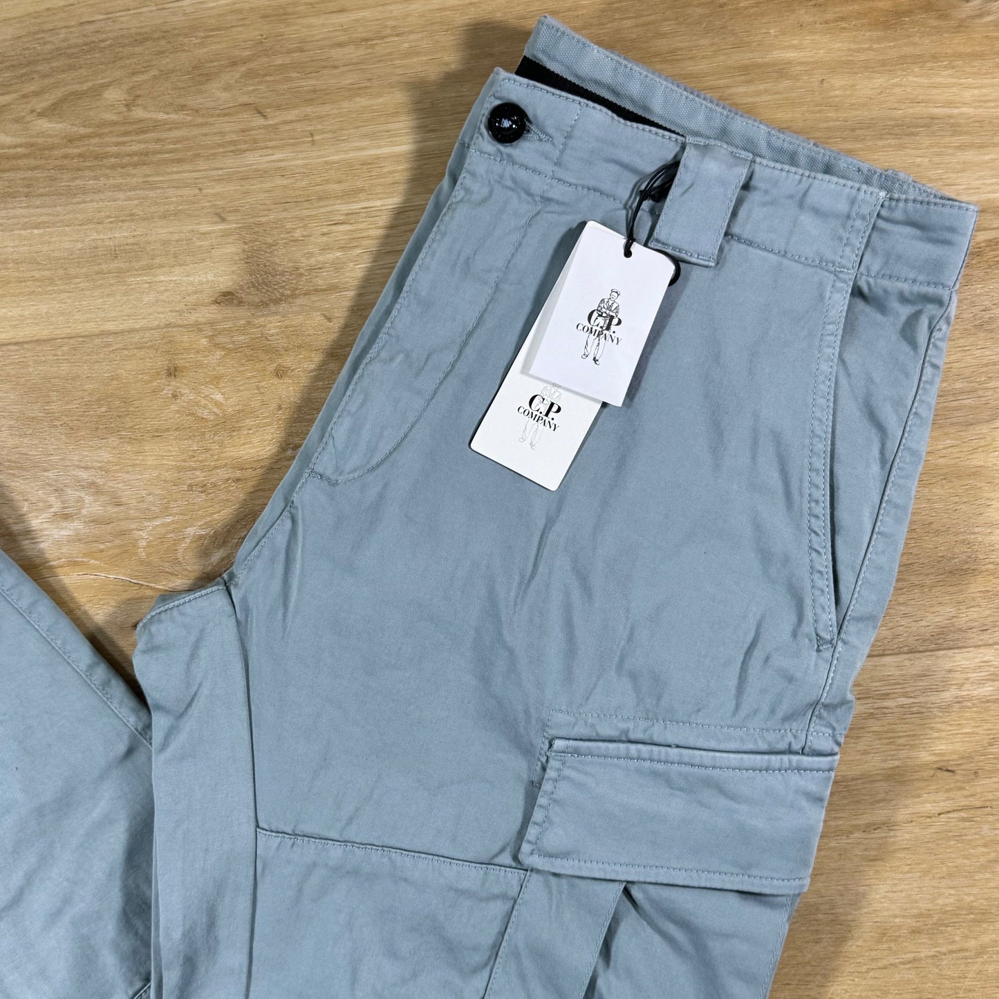 C.P. Company Stretch Sateen Ergonomic Lens Cargo Pants in Silver Blue