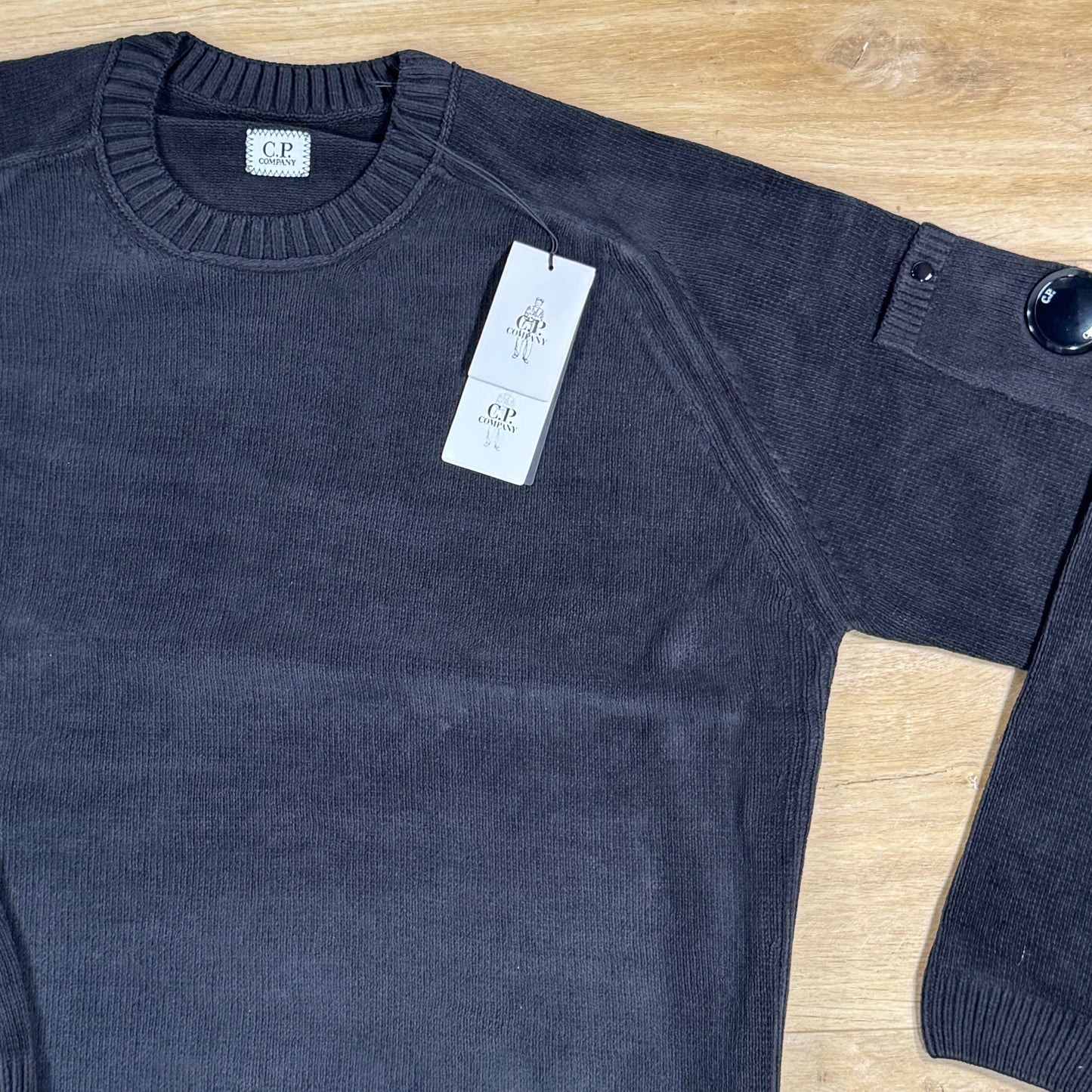 C.P. Company Cotton Chenille Crewneck Lens Sweater in Black