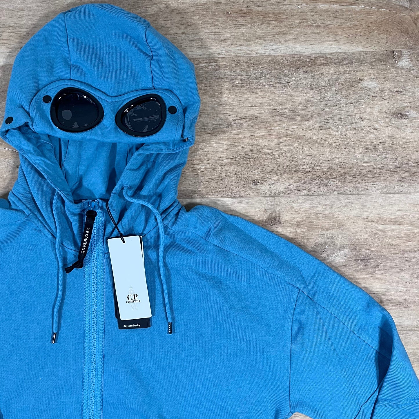 C.P. Company Diagonal Raised Fleece Goggle Hoodie in Aegean Blue