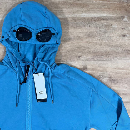 C.P. Company Diagonal Raised Fleece Goggle Hoodie in Aegean Blue