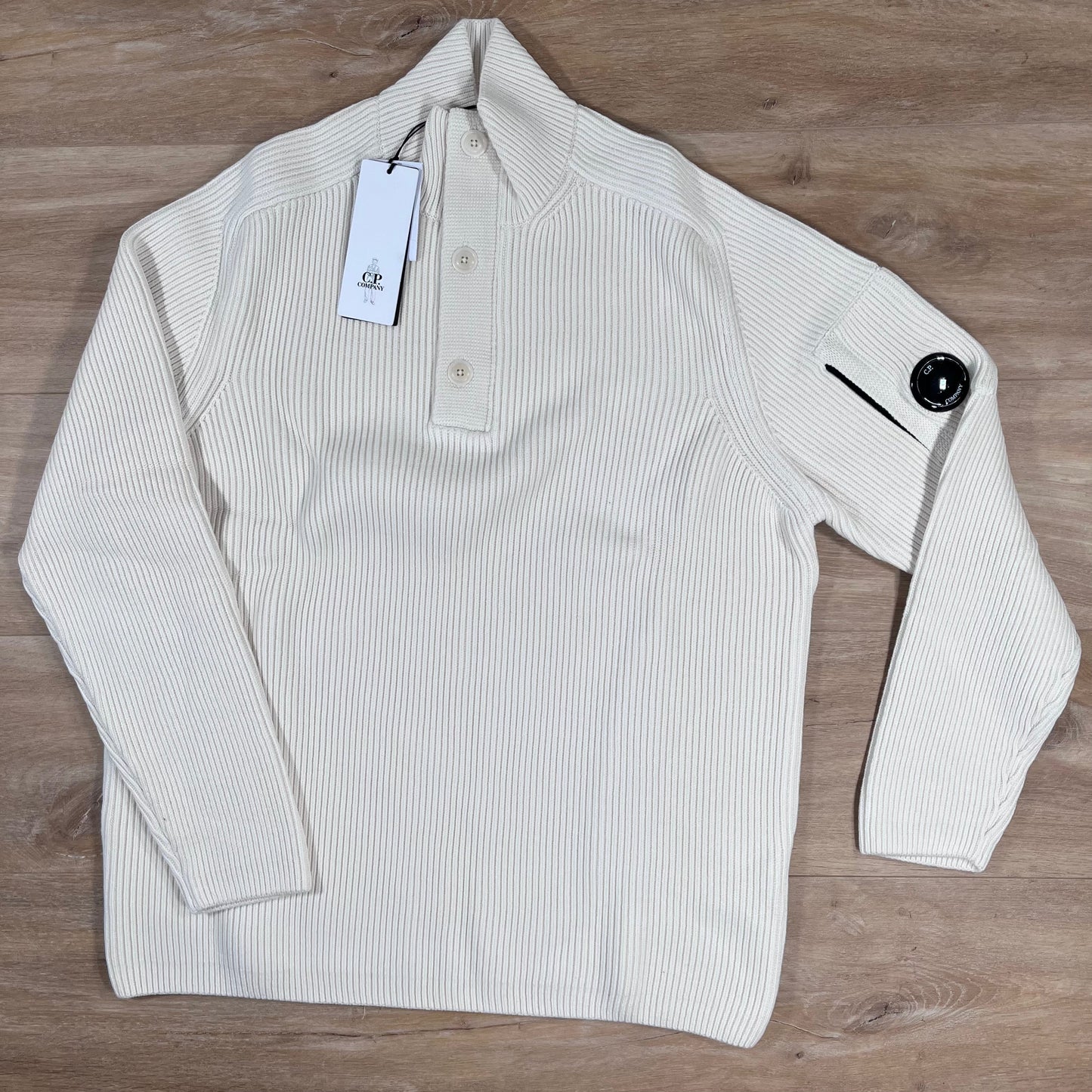 C.P. Company Full Rib Half-Button Lens Sweater in White
