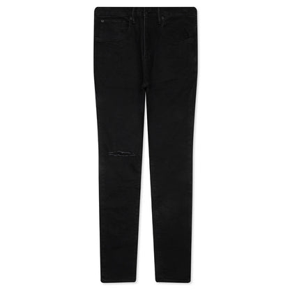P002 Knee Slit Rinse Slim Denim Pants - Black