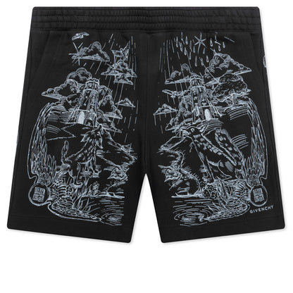 Wolf Print Board Shorts - Black