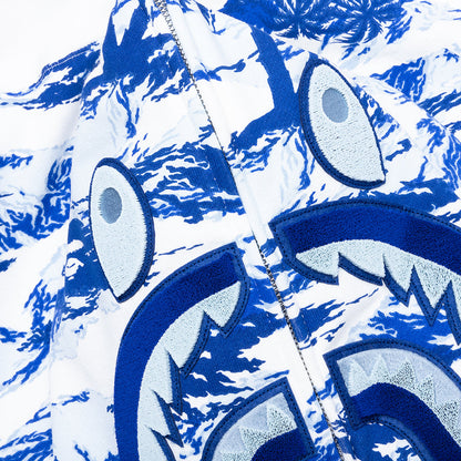 Palm Tree Camo Relaxed Fit Shark Full Zip Hoodie - Blue