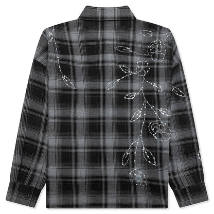 Plaid Beaded Oversized Shirt - Black