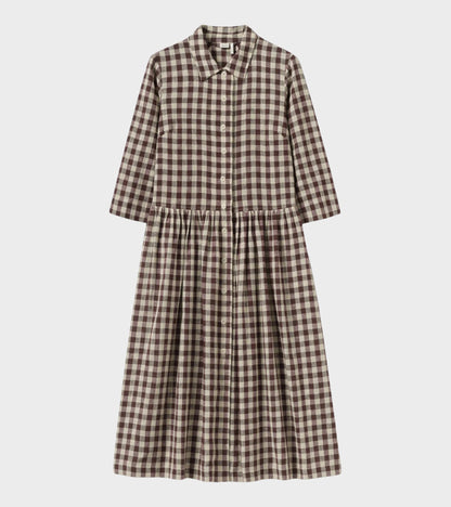 Check Linen Cotton Shirt Dress Dark Chocolate/Ecru