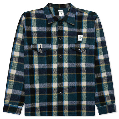 Smokey Wool Melton Plaid Shirt - Green