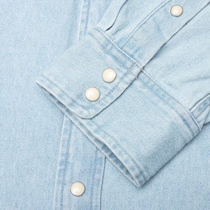 Flower Embroidered Denim L/S Shirt - Light Blue