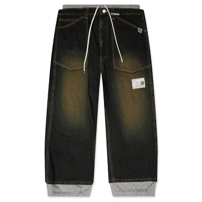 Sweat Pants Combined Denim Pants - Indigo