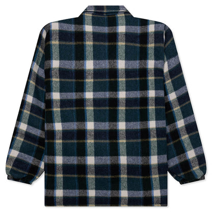 Wool Melton Plaid Coach Jacket - Green